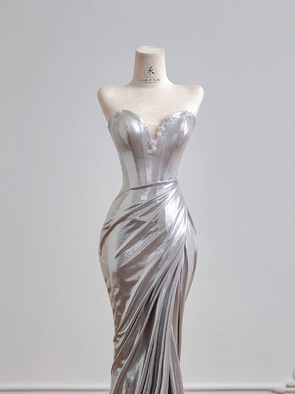 Silver strapless, fitted, bodycon, sexy long ball gown R8154