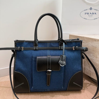 Prada Bonnie Large Denim Handbag Blue Black 38cm