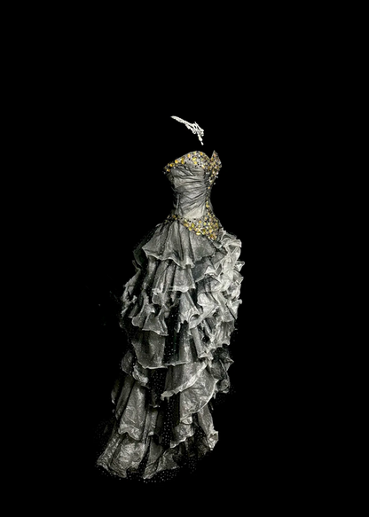 Gray strapless rhinestone-embellished, fitted waist, pleated, tiered skirt, long ball gown R6661