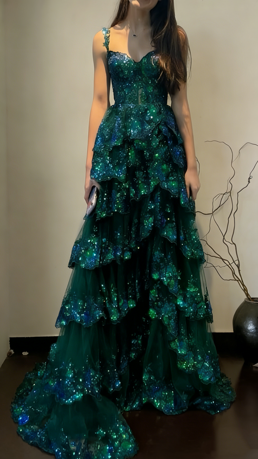 Glamorous Spaghetti Straps Dark Green Tulle Sequin Layered Long Party Dress Formal Wedding Guest Dress SP1550
