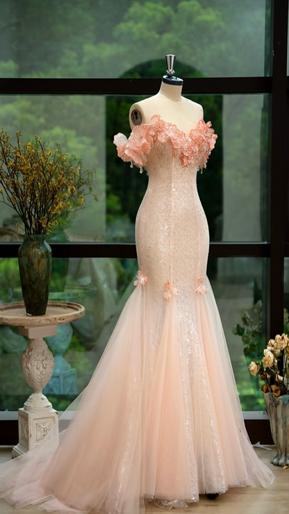 Light pink off-the-shoulder fitted waist bodycon sexy long ball gown, wedding dress R8064