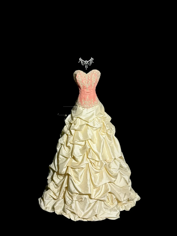 Light pink strapless fitted bodice and light apricot tutu skirt ball gown R8110