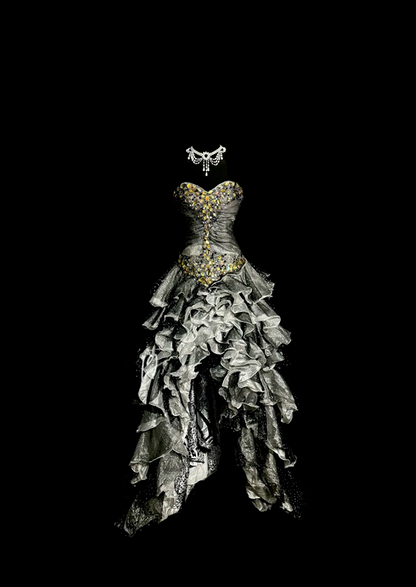 Gray strapless rhinestone-embellished, fitted waist, pleated, tiered skirt, long ball gown R6661