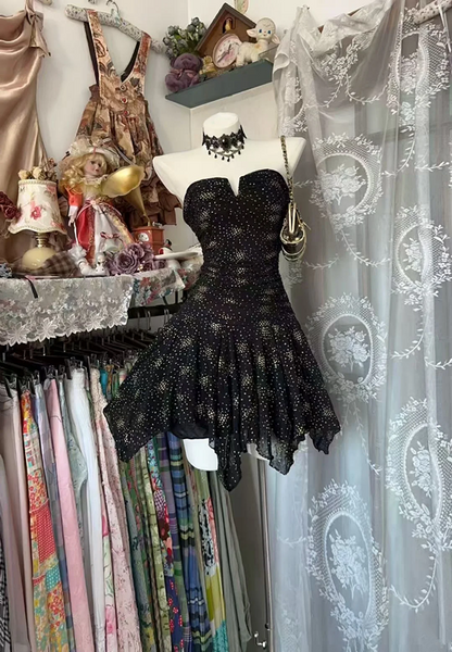 Black and white polka dot strapless fitted short ball gown R7887