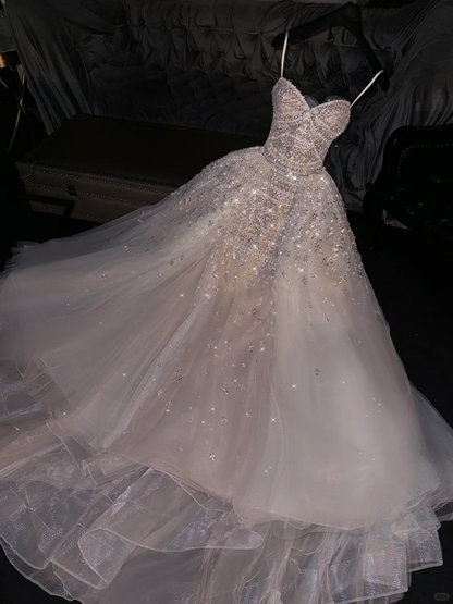 Glamorous Sparkling Sequin Tulle A-Line Sweetheart Beaded Evening Gown TP5402