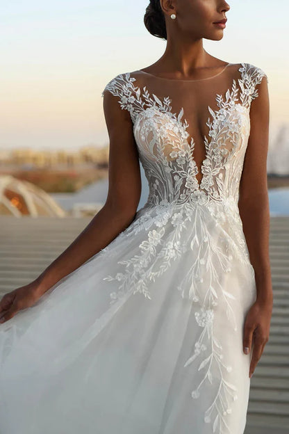 A-line illusion collar lace decal rural wedding dress