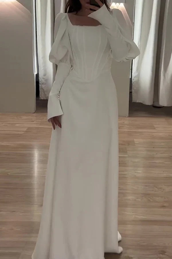 Elegant solid color ruffled square collar evening dress