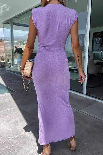 Sexy and minimalist solid color pleated V-neck irregular evening dress