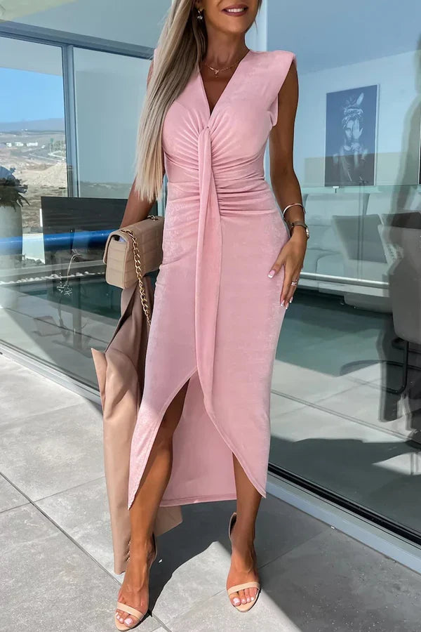 Sexy and minimalist solid color pleated V-neck irregular evening dress