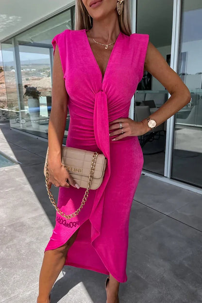 Sexy and minimalist solid color pleated V-neck irregular evening dress
