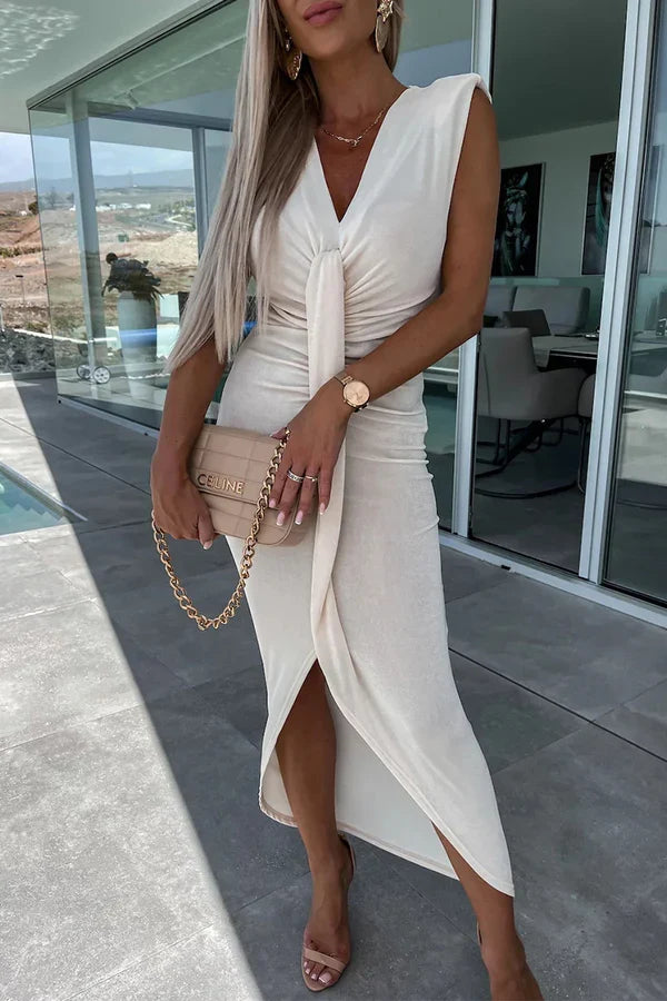 Sexy and minimalist solid color pleated V-neck irregular evening dress