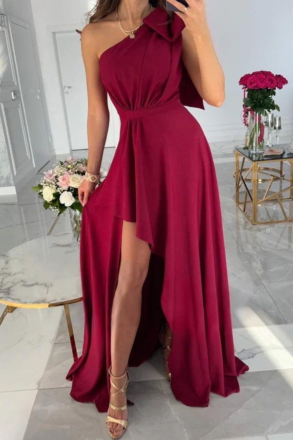 Casual minimalist solid color asymmetrical bow diagonal collar irregular evening dress