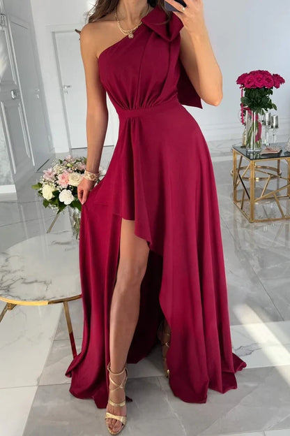 Casual minimalist solid color asymmetrical bow diagonal collar irregular evening dress