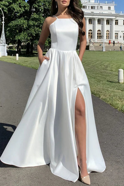 Sexy solid color pocket with slit square neck strap for evening dressing