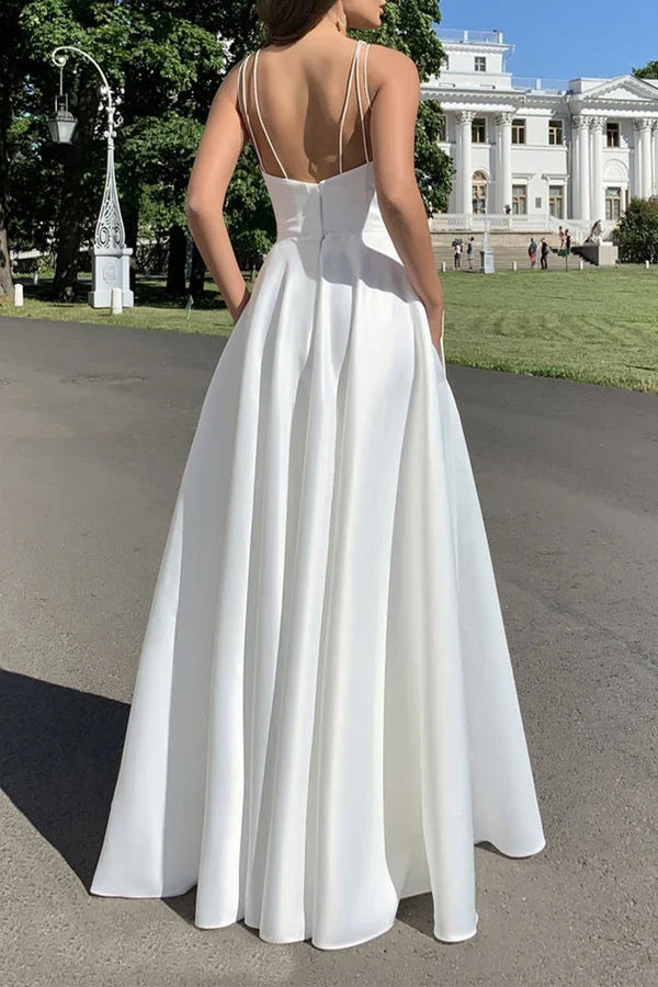 Sexy solid color pocket with slit square neck strap for evening dressing