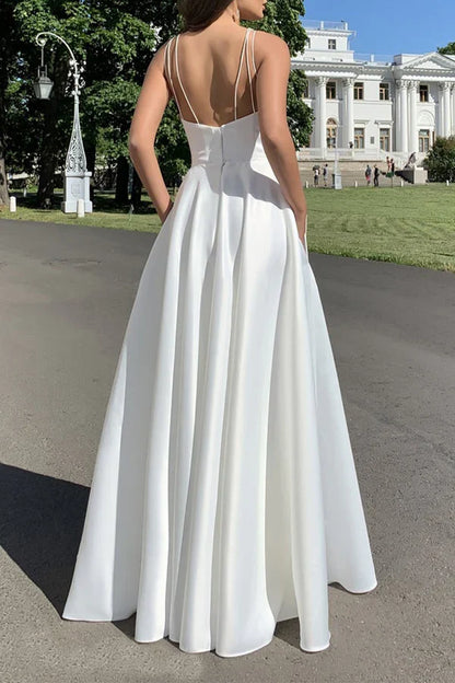 Sexy solid color pocket with slit square neck strap for evening dressing