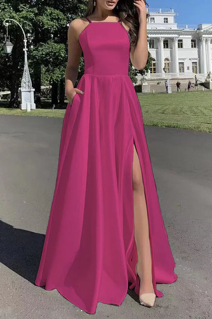 Sexy solid color pocket with slit square neck strap for evening dressing