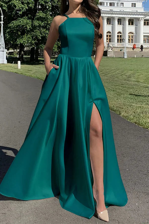 Sexy solid color pocket with slit square neck strap for evening dressing