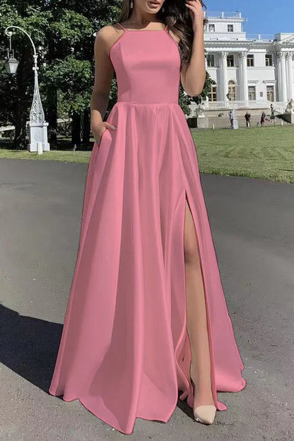 Sexy solid color pocket with slit square neck strap for evening dressing