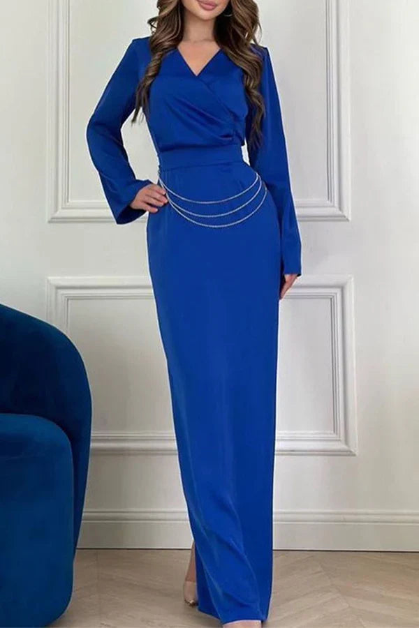 Elegant solid metal accessories with decorative V-neck one-step dress for evening dressing