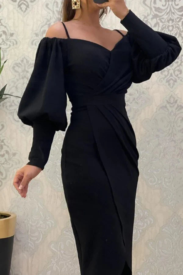 Sweet and Elegant Solid Color Folded Shoulder Off Shoulder Irregular Evening Dress