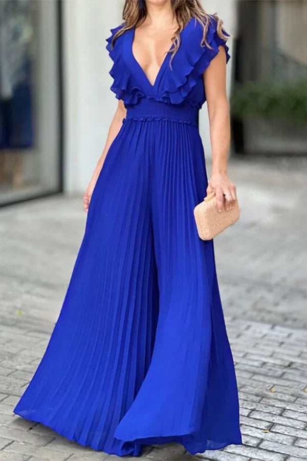 Sexy solid color ruffled V-neck sleeveless evening dress