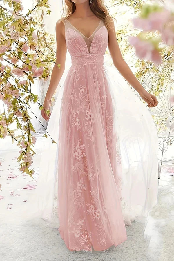 Sexy formal attire with solid lace V-neck evening dress