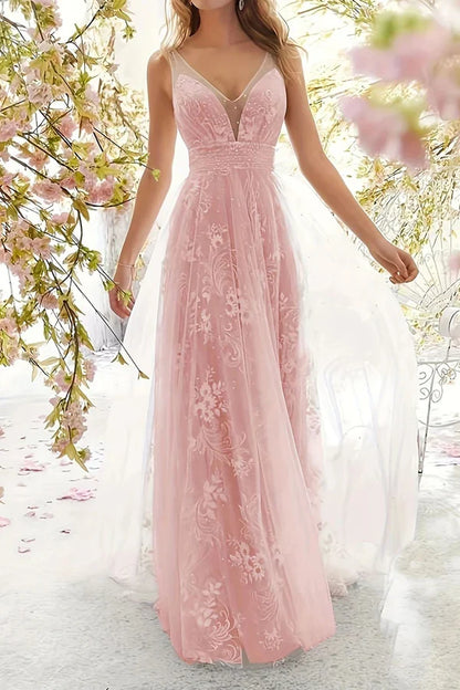 Sexy formal attire with solid lace V-neck evening dress