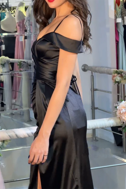 Black off shoulder satin pleated long ball dress paired with split prom dress
