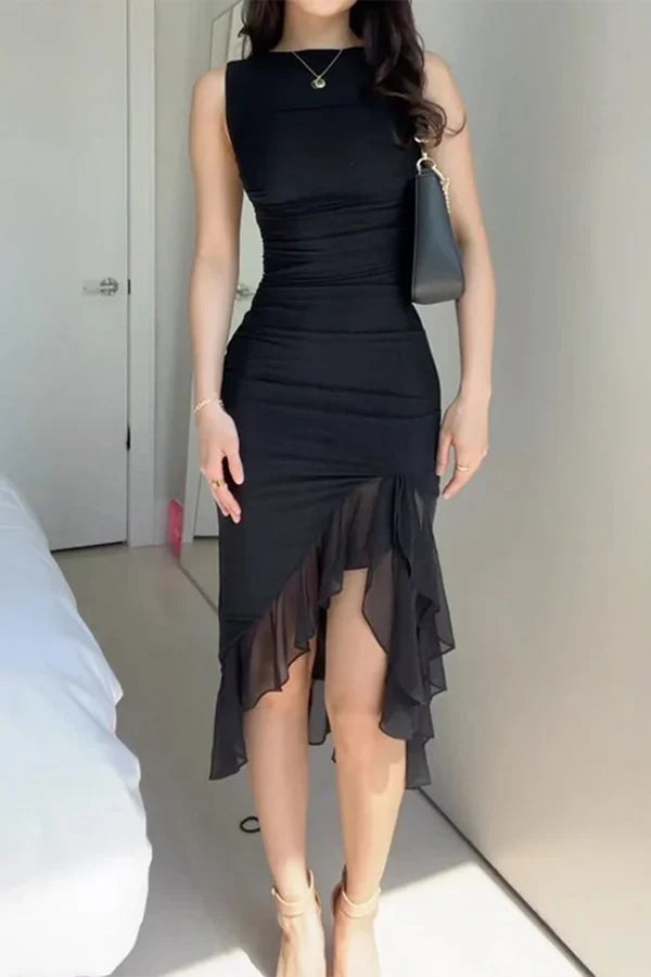 Sexy solid color pleated asymmetrical O-neck irregular evening dress