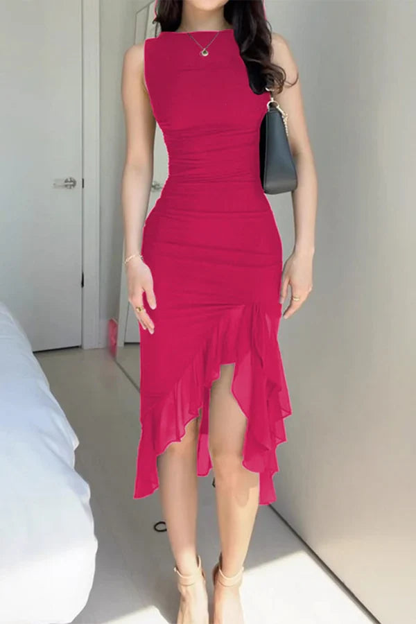 Sexy solid color pleated asymmetrical O-neck irregular evening dress