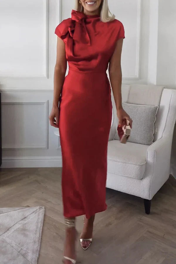 Elegant solid color bandage half high collar sleeveless evening dress