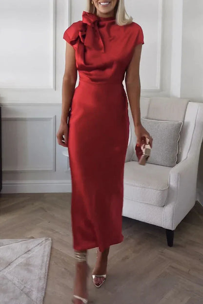 Elegant solid color bandage half high collar sleeveless evening dress