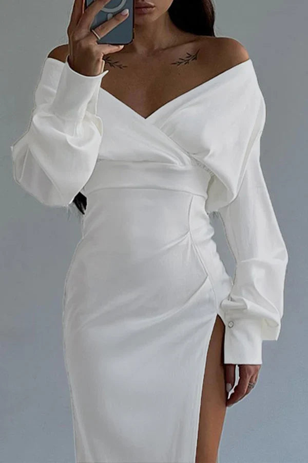Elegant solid color split V-neck irregular evening dress