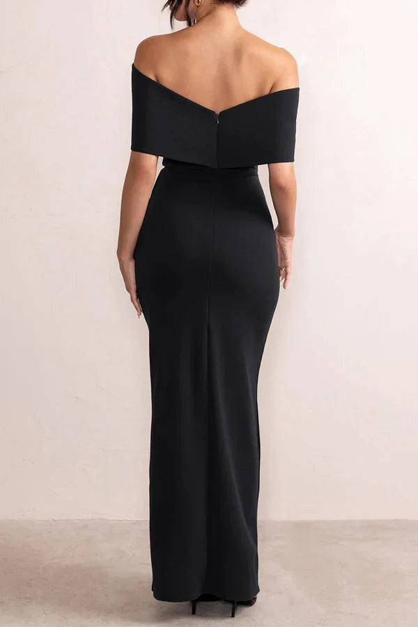 Sexy solid color slit off shoulder bow irregular evening dress
