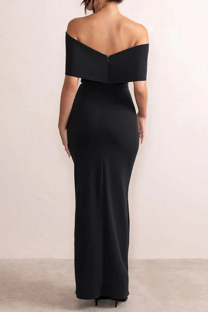 Sexy solid color slit off shoulder bow irregular evening dress