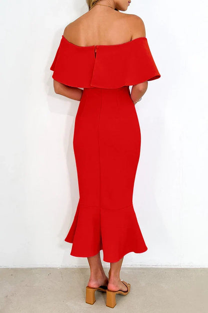 Sexy solid color ruffled edge off shoulder trumpet fish tail evening dress