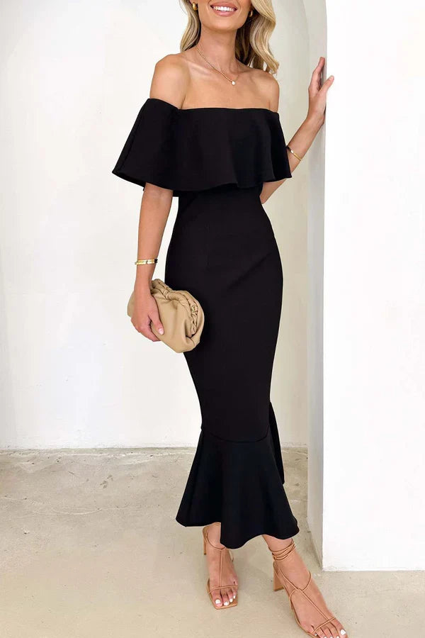 Sexy solid color ruffled edge off shoulder trumpet fish tail evening dress