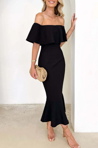 Sexy solid color ruffled edge off shoulder trumpet fish tail evening dress