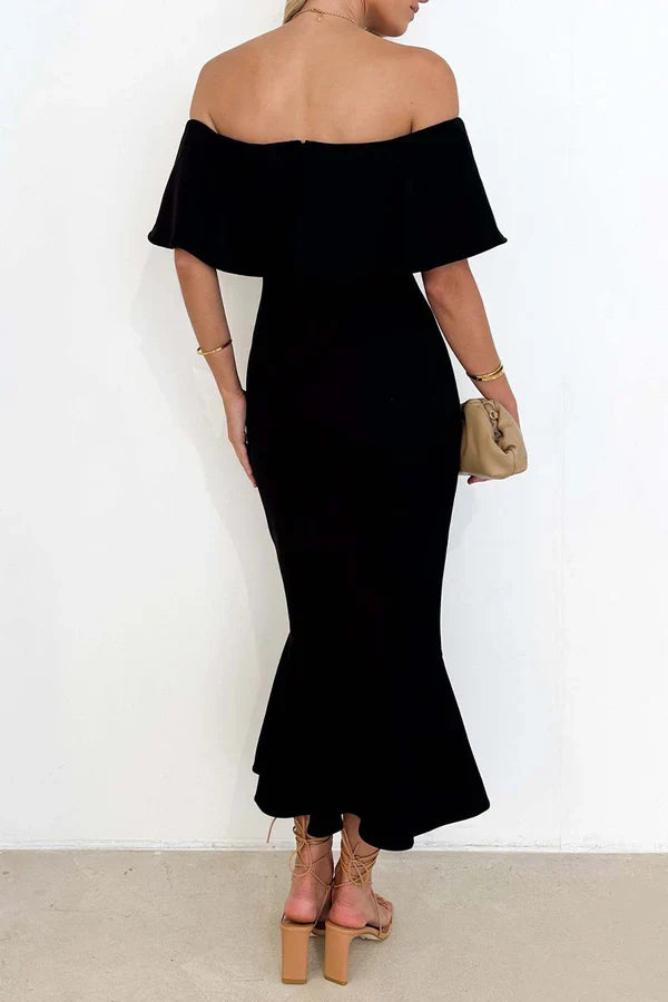 Sexy solid color ruffled edge off shoulder trumpet fish tail evening dress