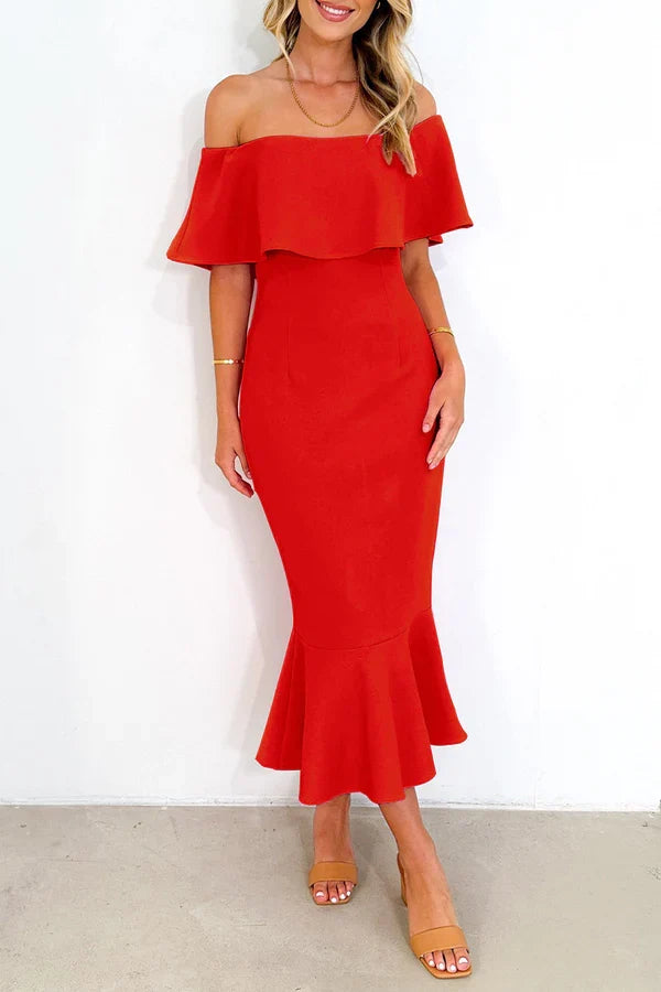 Sexy solid color ruffled edge off shoulder trumpet fish tail evening dress