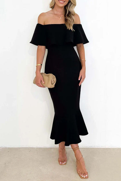 Sexy solid color ruffled edge off shoulder trumpet fish tail evening dress