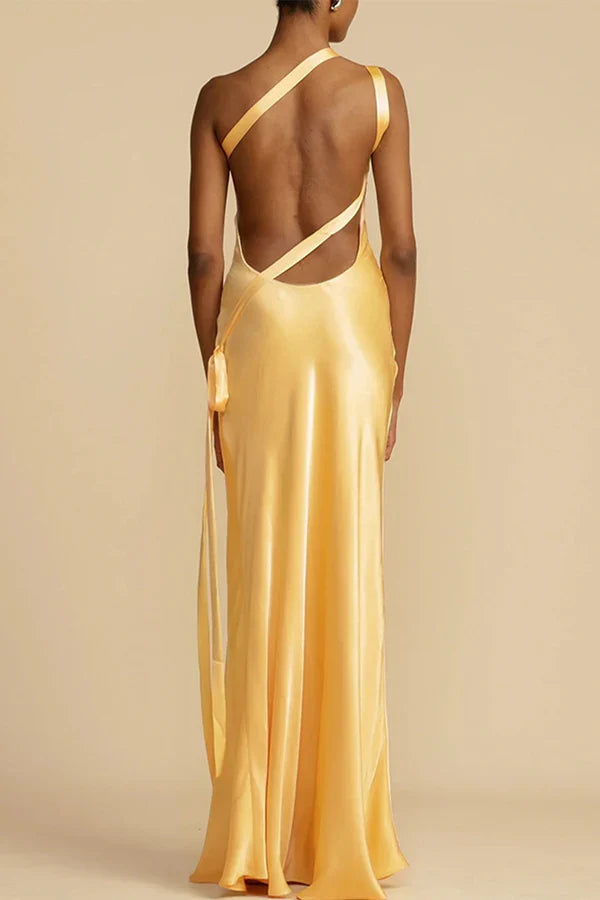Elegant formal attire solid color backless sloping collar evening dress