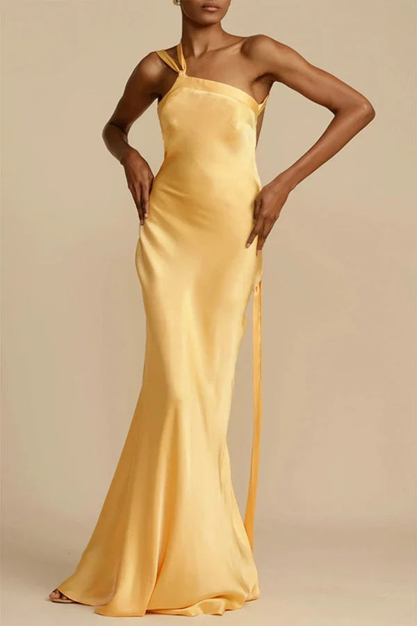 Elegant formal attire solid color backless sloping collar evening dress
