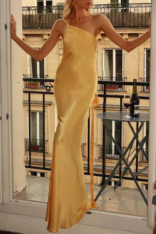 Elegant formal attire solid color backless sloping collar evening dress
