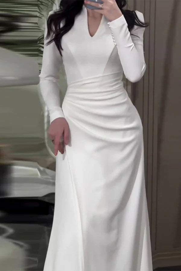Elegant solid color pleated V-neck wrap dress for evening dress