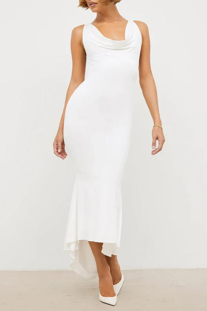 Sexy solid color sticker flower dew back U-neck speaker fish tail evening dress