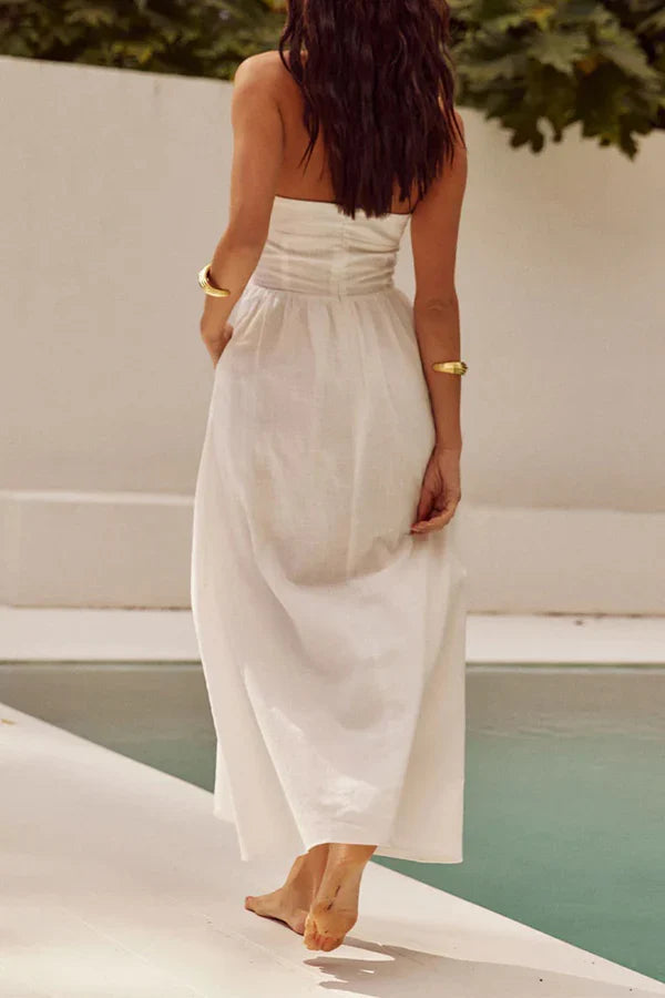 Sexy solid color pocket folding neck hanging sleeveless evening dress