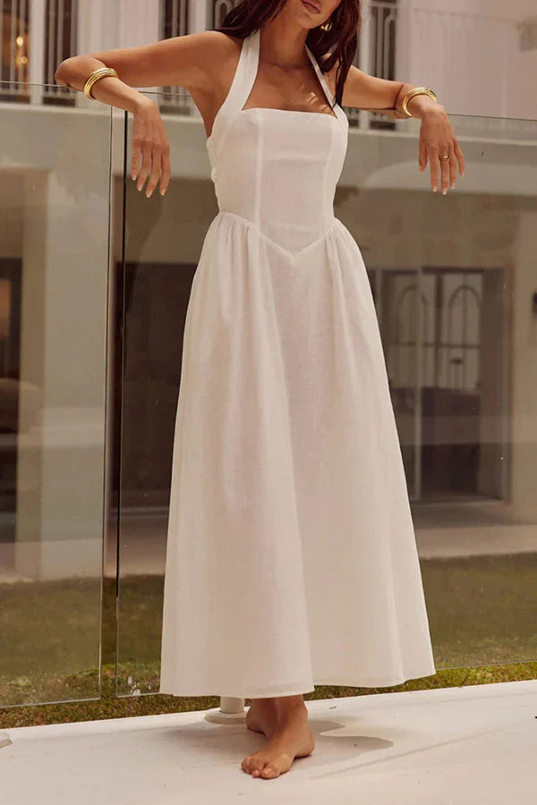 Sexy solid color pocket folding neck hanging sleeveless evening dress