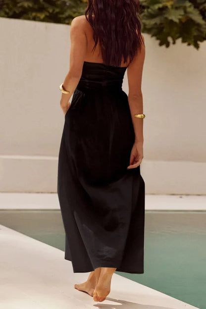 Sexy solid color pocket folding neck hanging sleeveless evening dress